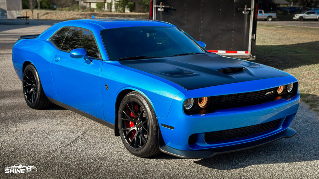 2016 Blue Dodge Challenger Hellcat Auto Detailing and Ceramic Coating - Passenger Front Half High