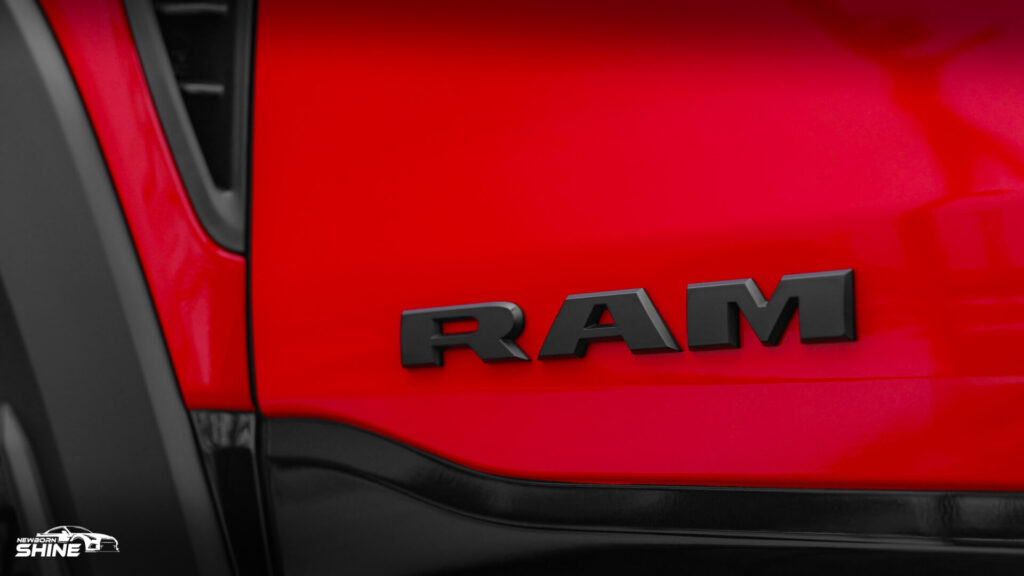 2022 Red RAM TRX Auto Detailing and Ceramic Coating - Driver Door Logo
