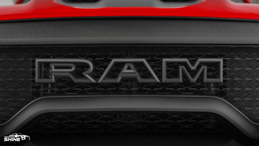 2022 Red RAM TRX Auto Detailing and Ceramic Coating - Front Grille RAM Close